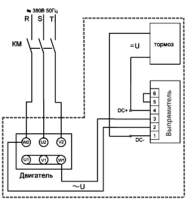 Схема 1 (контактор с 3-мя контактными группами; увеличенное время срабатывания тормоза)